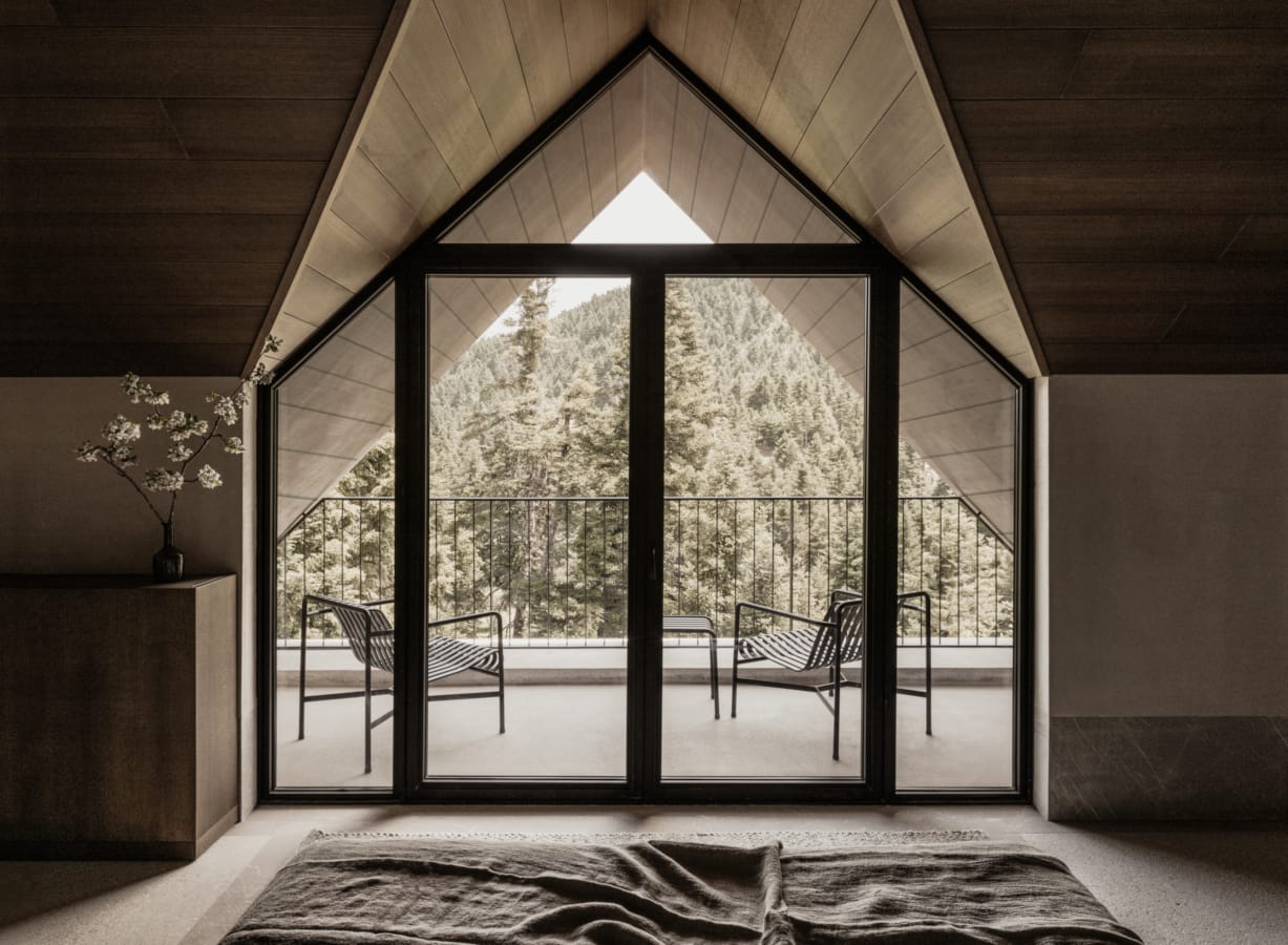 a room with a large glass door