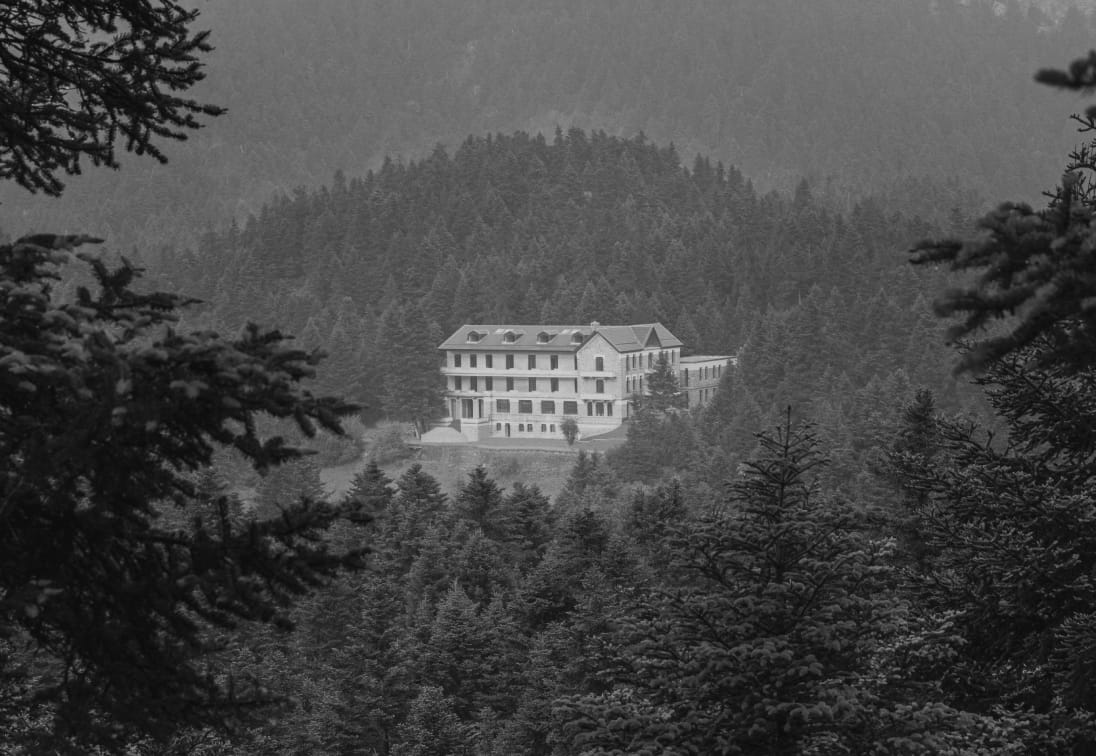 a large building in the middle of a forest