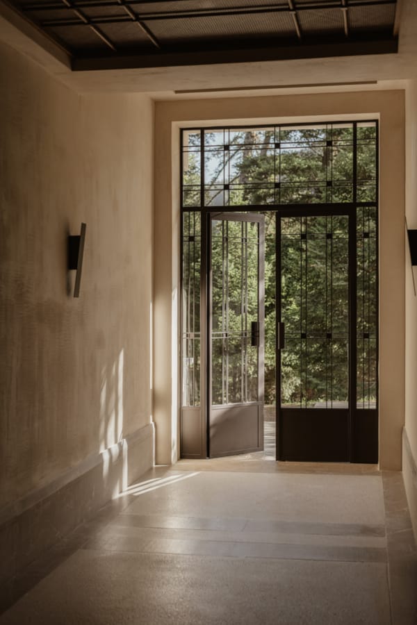 a room with a large glass door