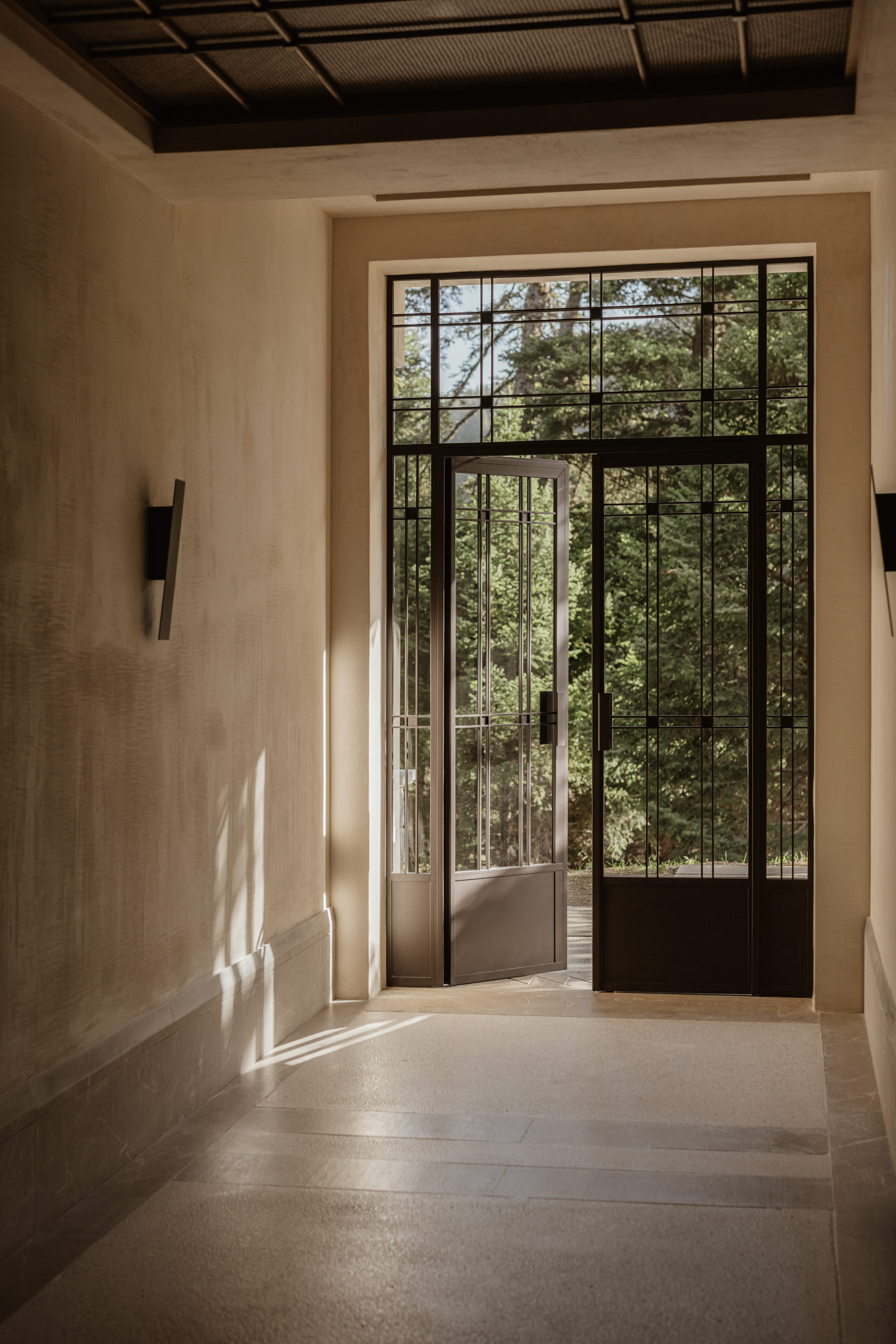 a room with a large glass door