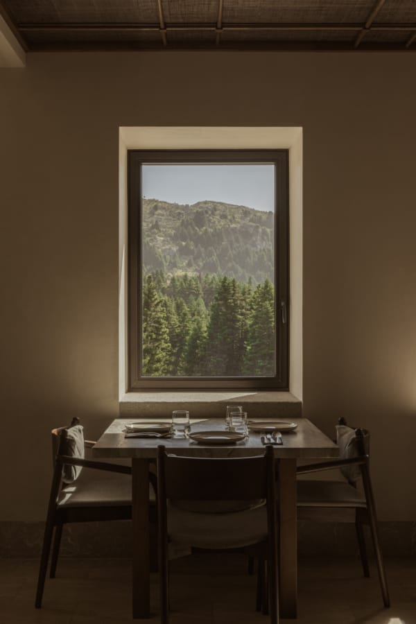 a table with chairs and a window