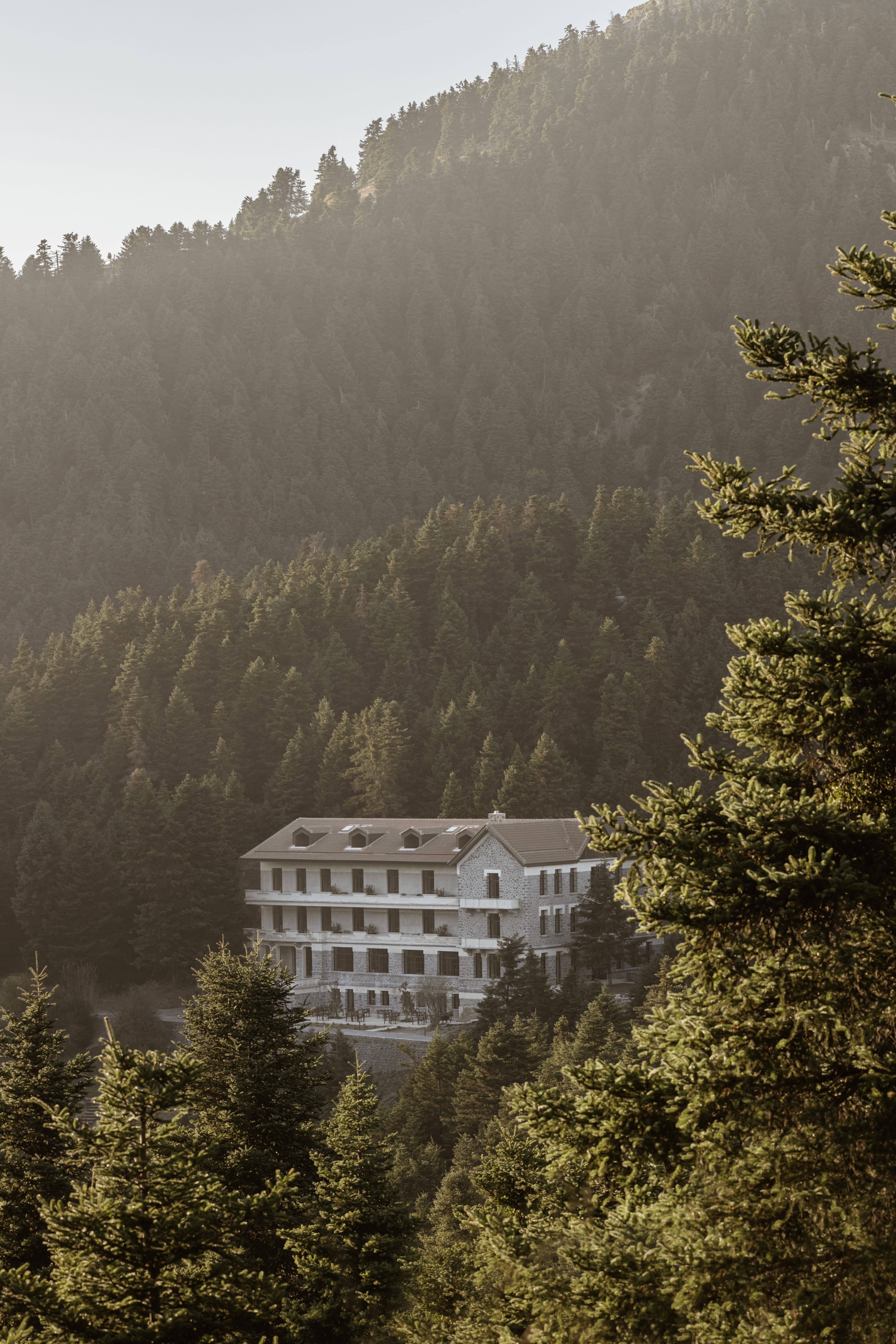 a large building surrounded by trees
