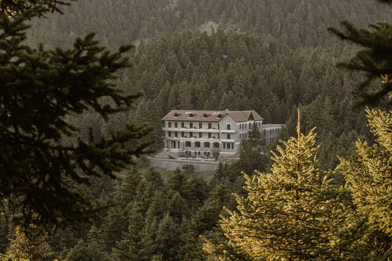 a large building surrounded by trees