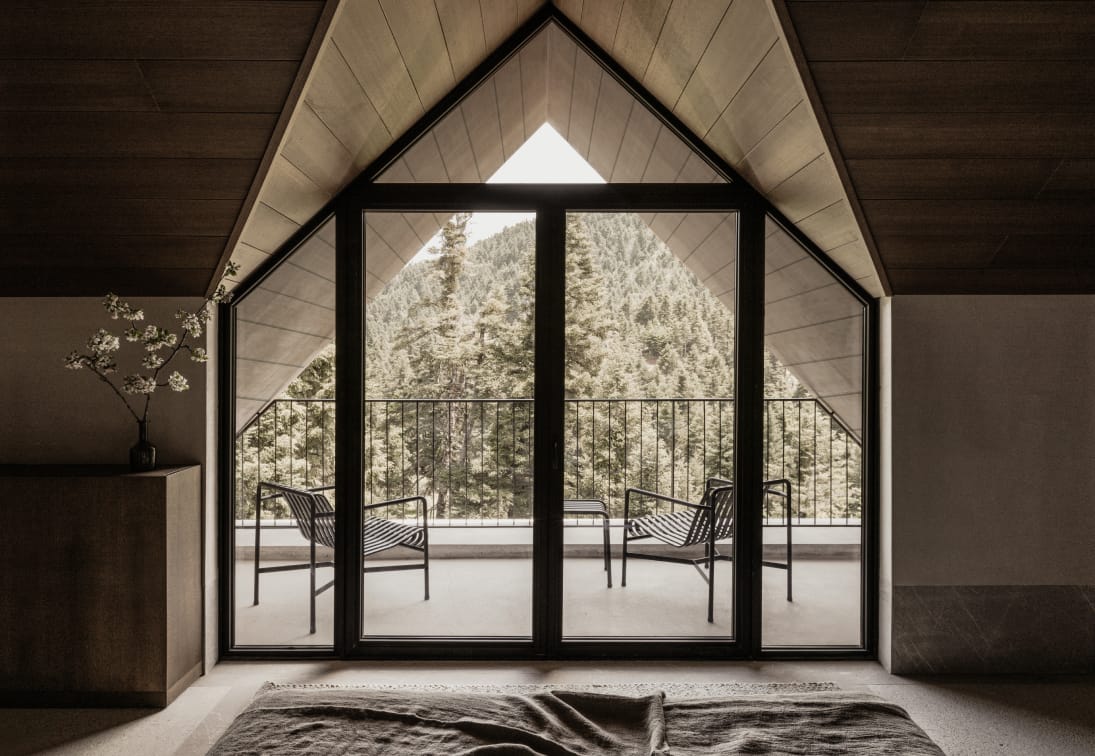 a room with a large glass door