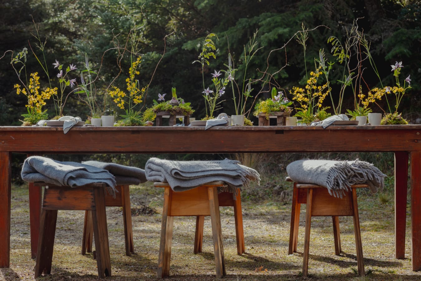 a table with chairs and a table with a blanket on it