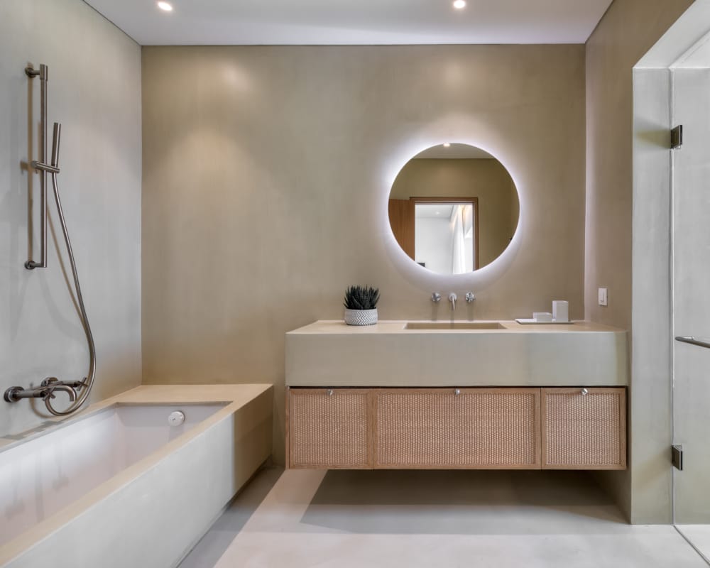 a bathroom with a large mirror