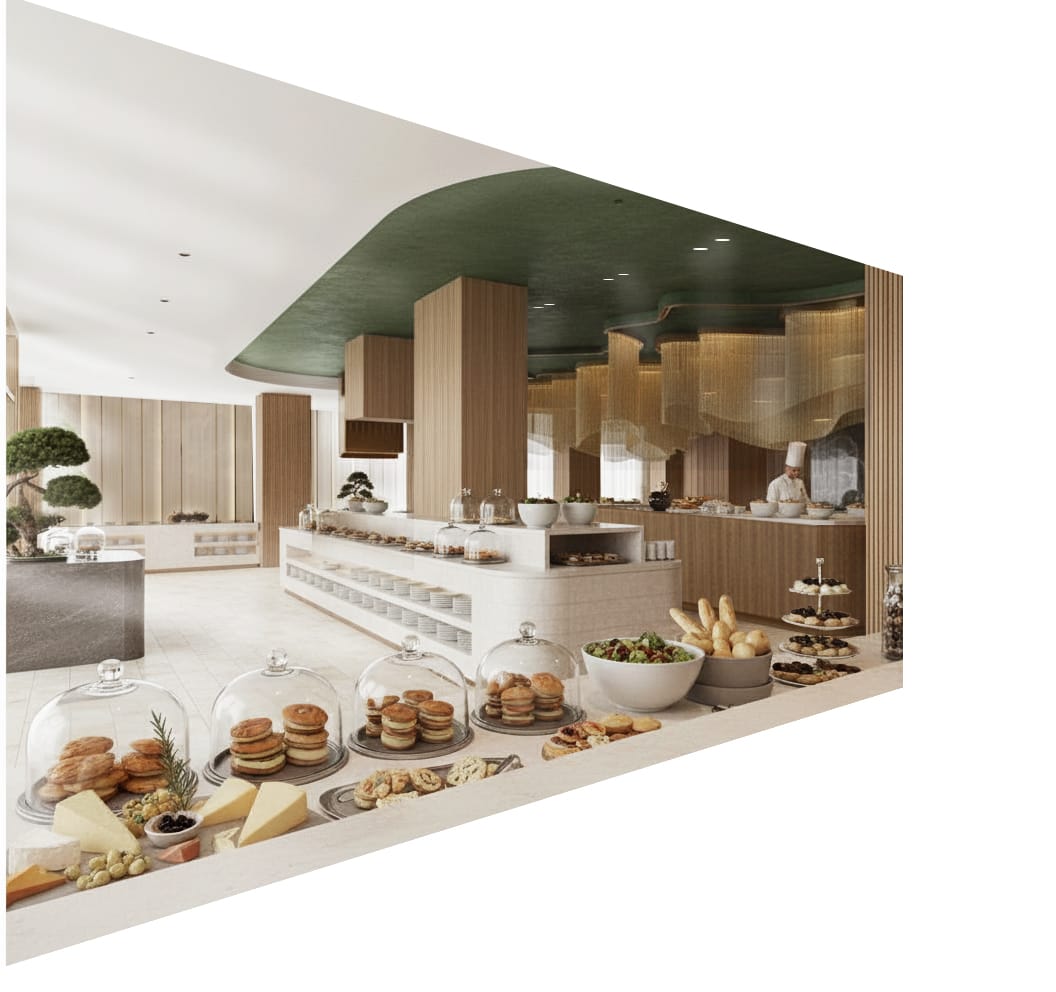 a kitchen with a large green awning over the kitchen