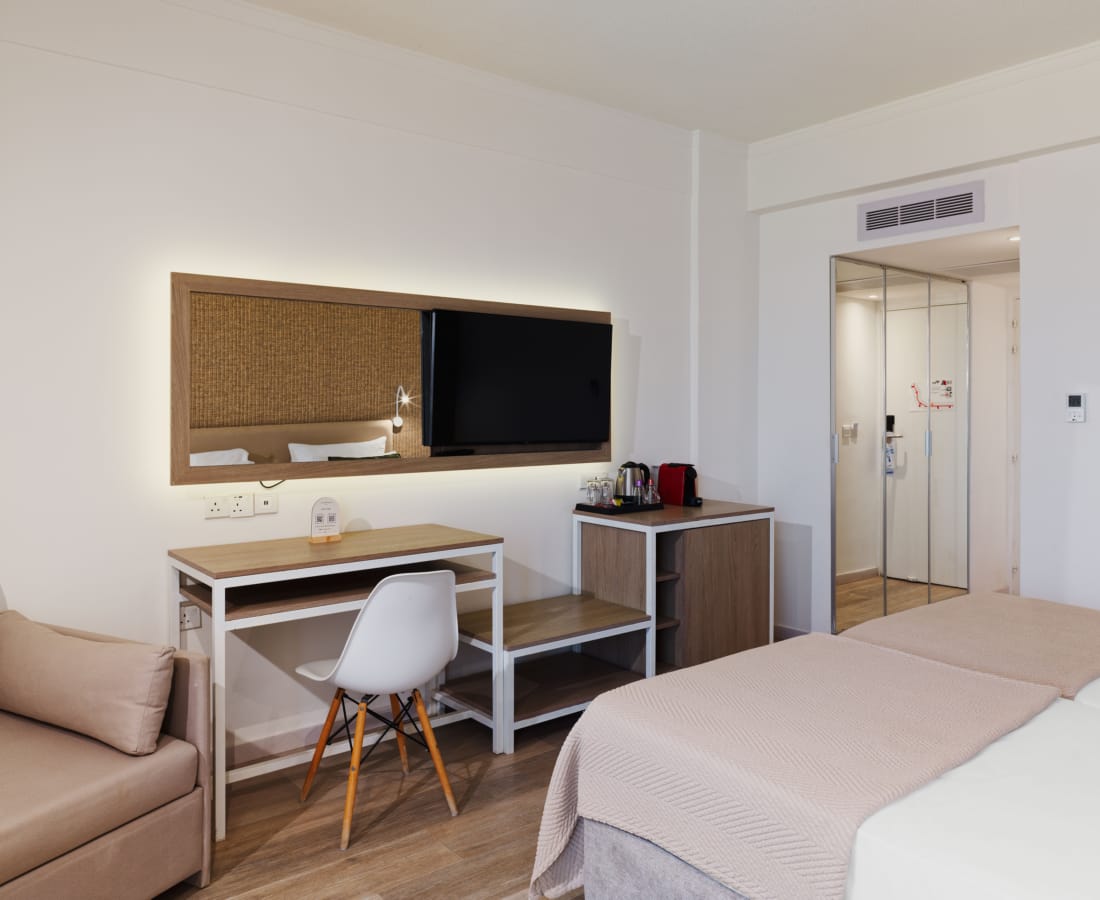 a room with a bed and a tv