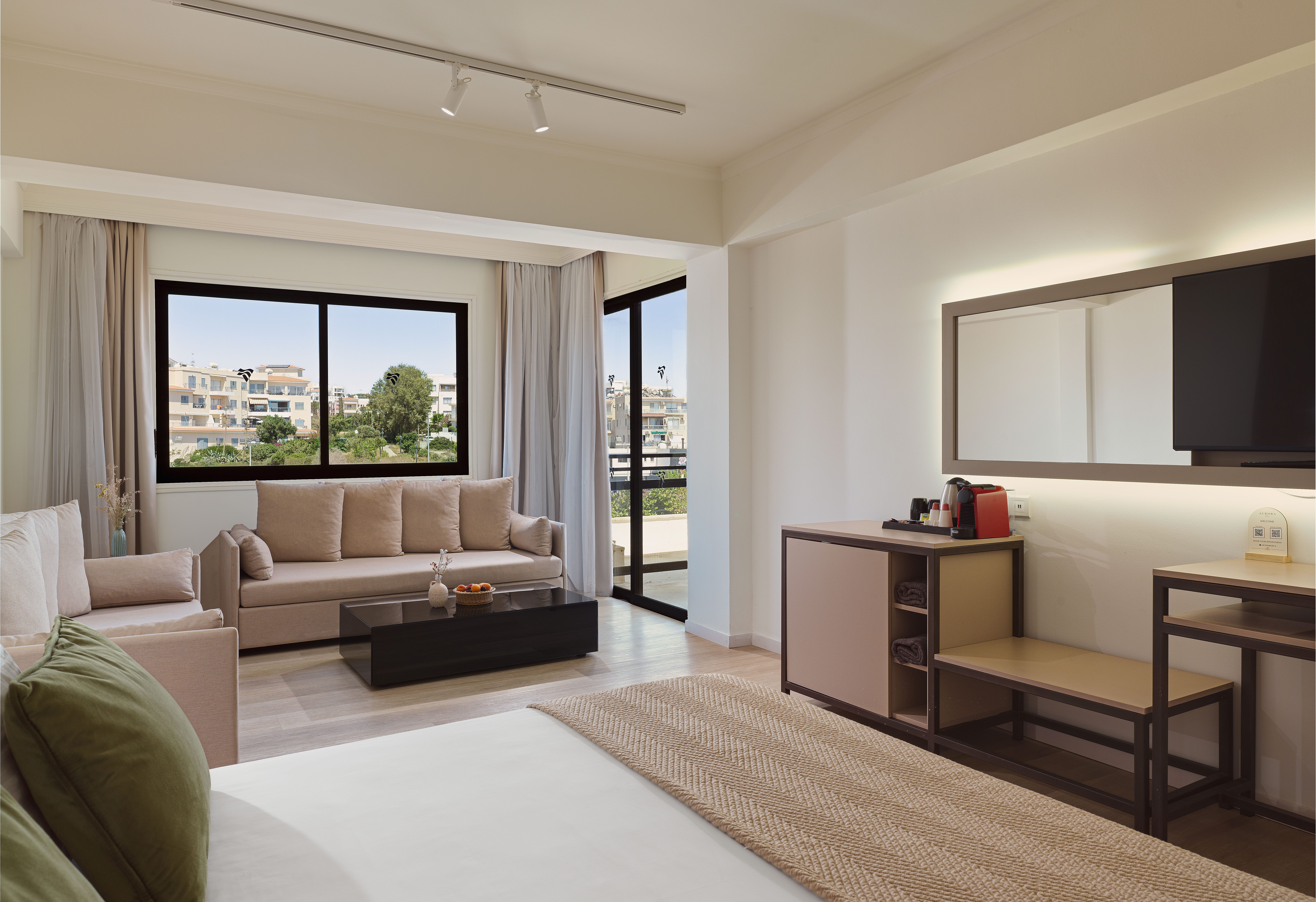 a room with a bed and couch