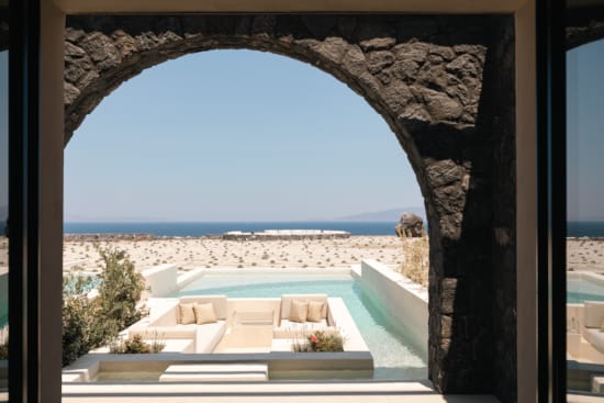 a view of a pool from a window