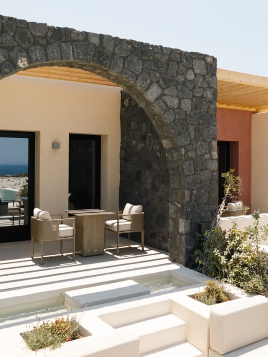 a house with a stone patio