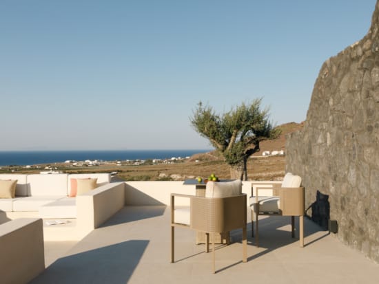 a patio with chairs and a tree