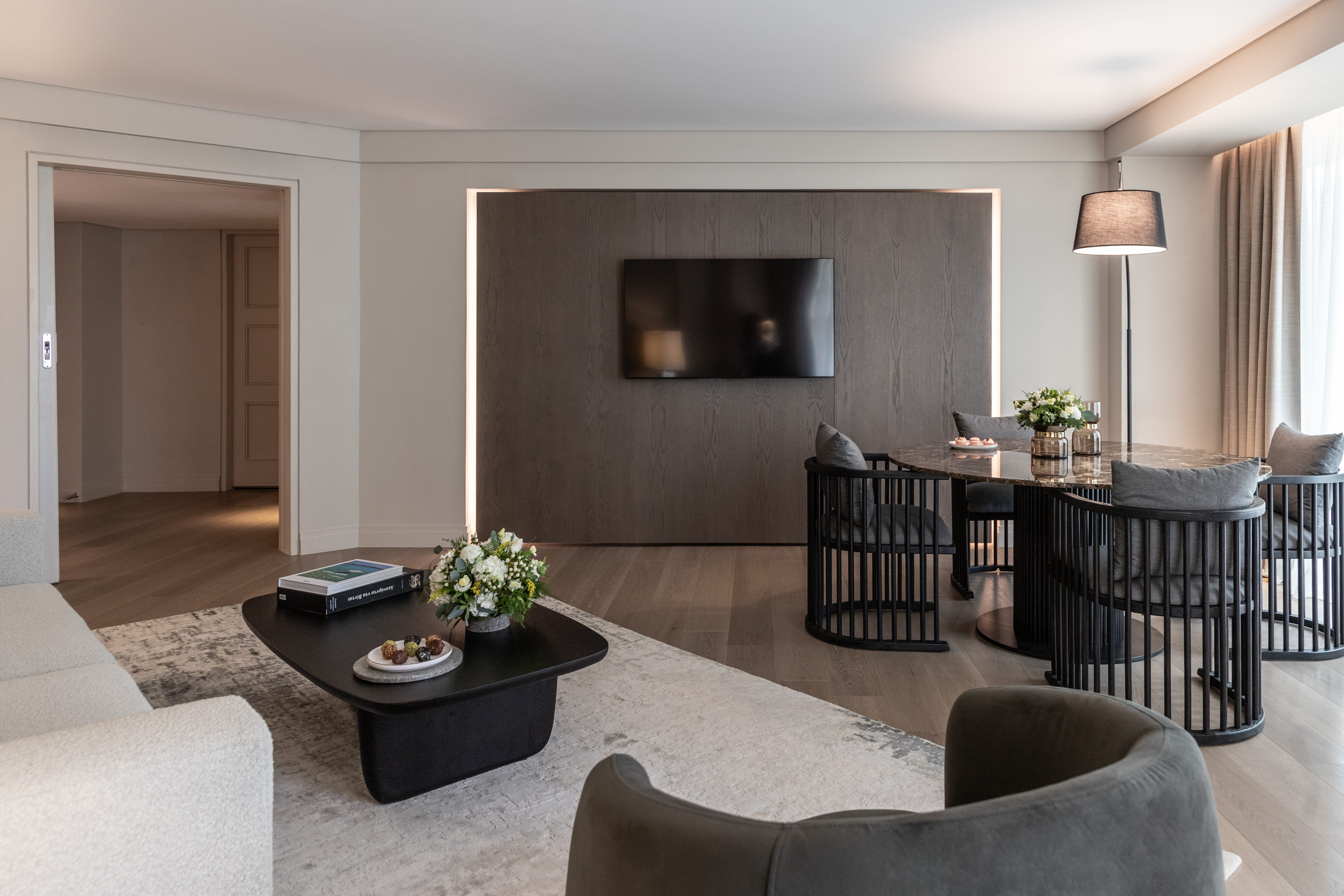 a living room with a fireplace