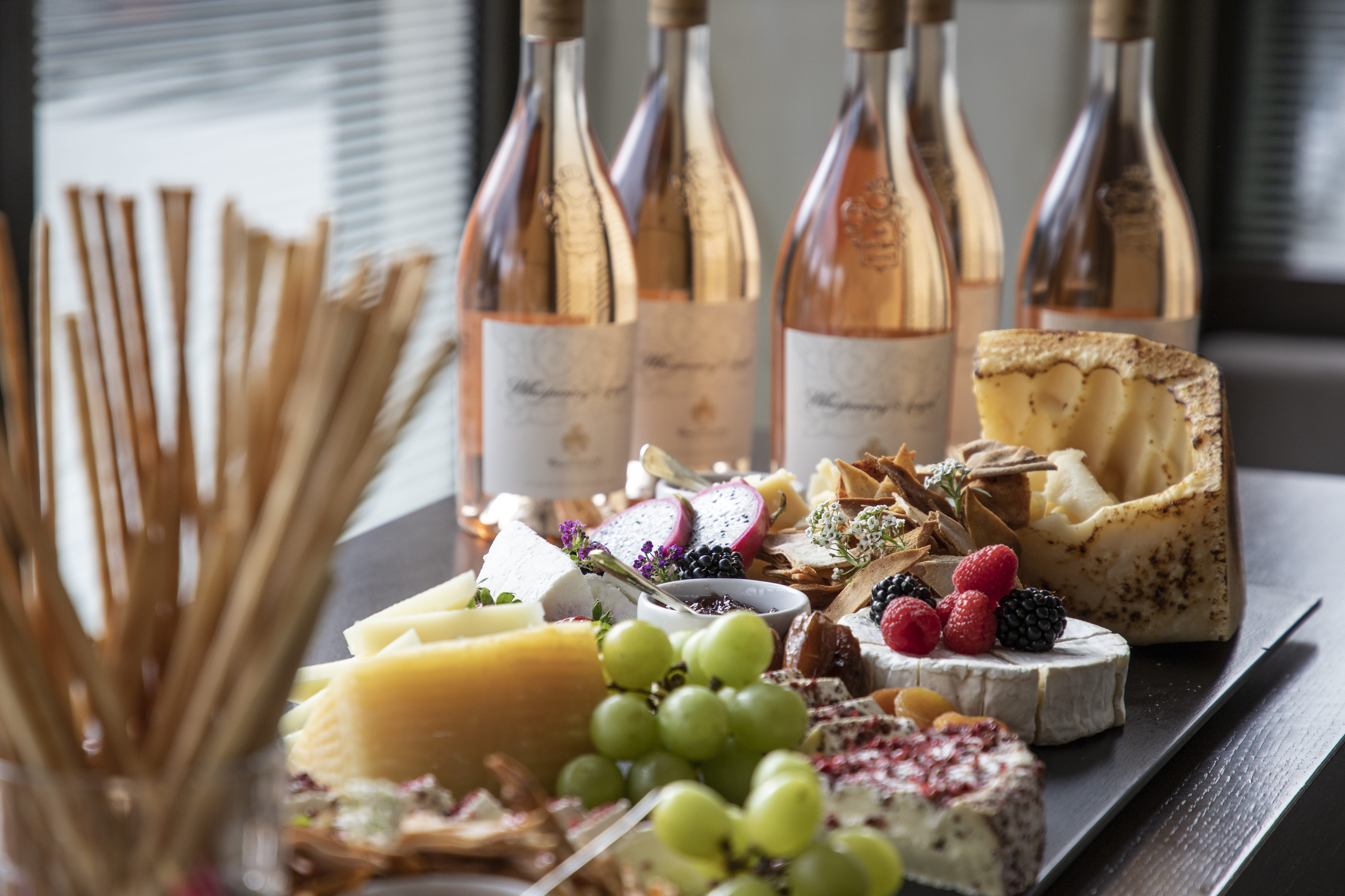 a table with food and bottles