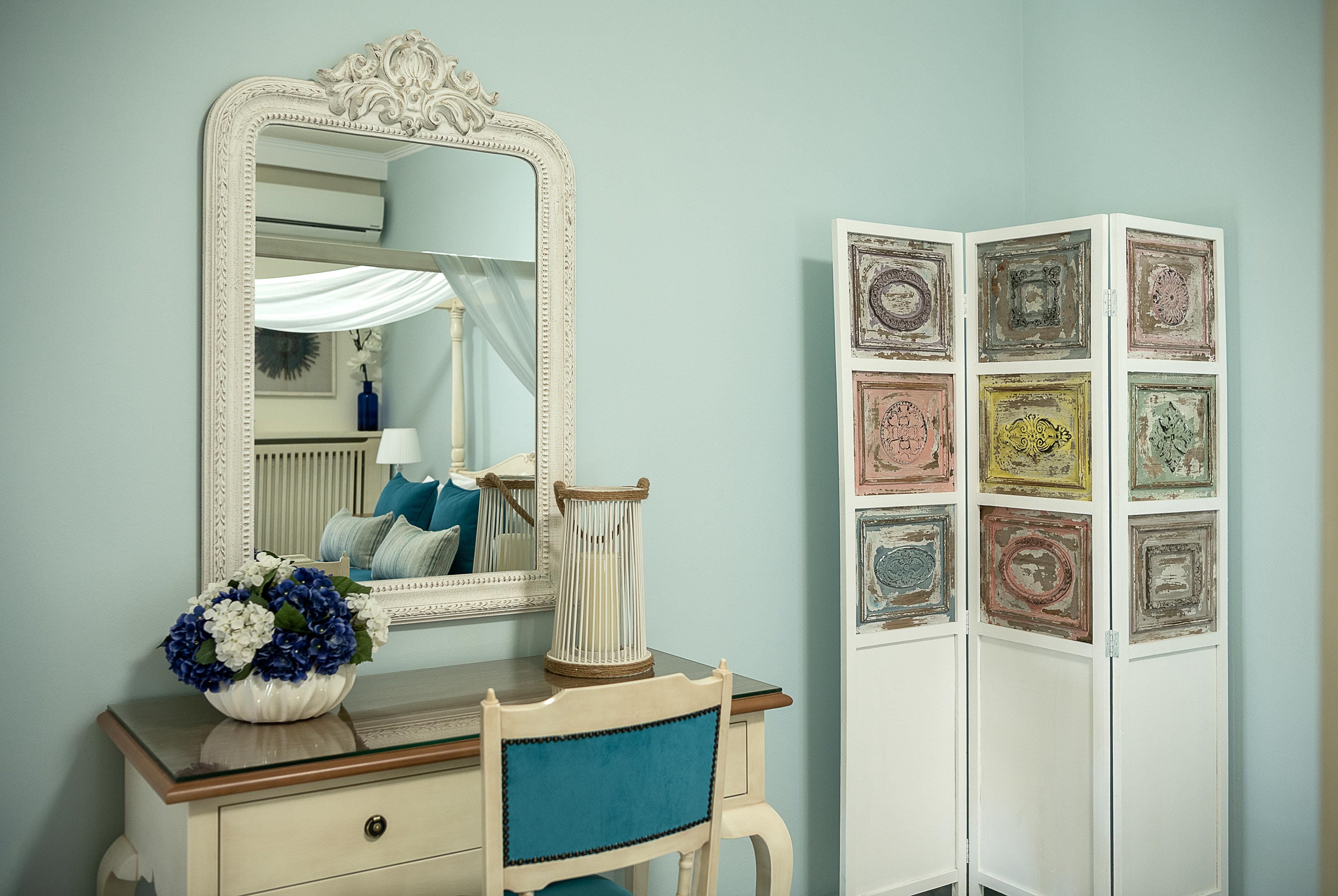 a mirror on a dresser