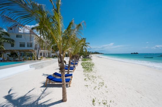 a beach with palm trees and a building