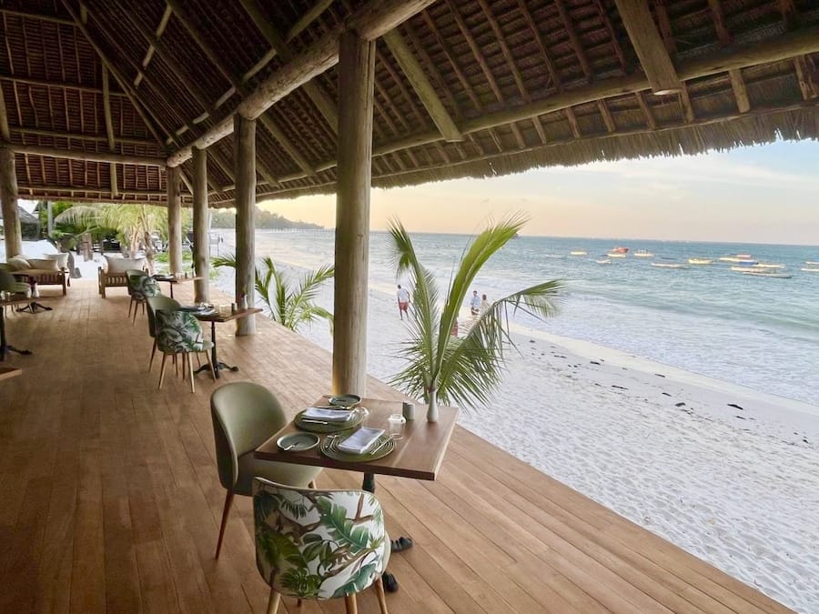 a table with chairs and a plant on a deck by the water