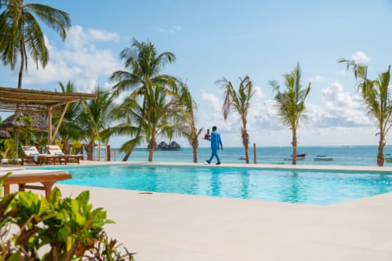 a person walking in a pool