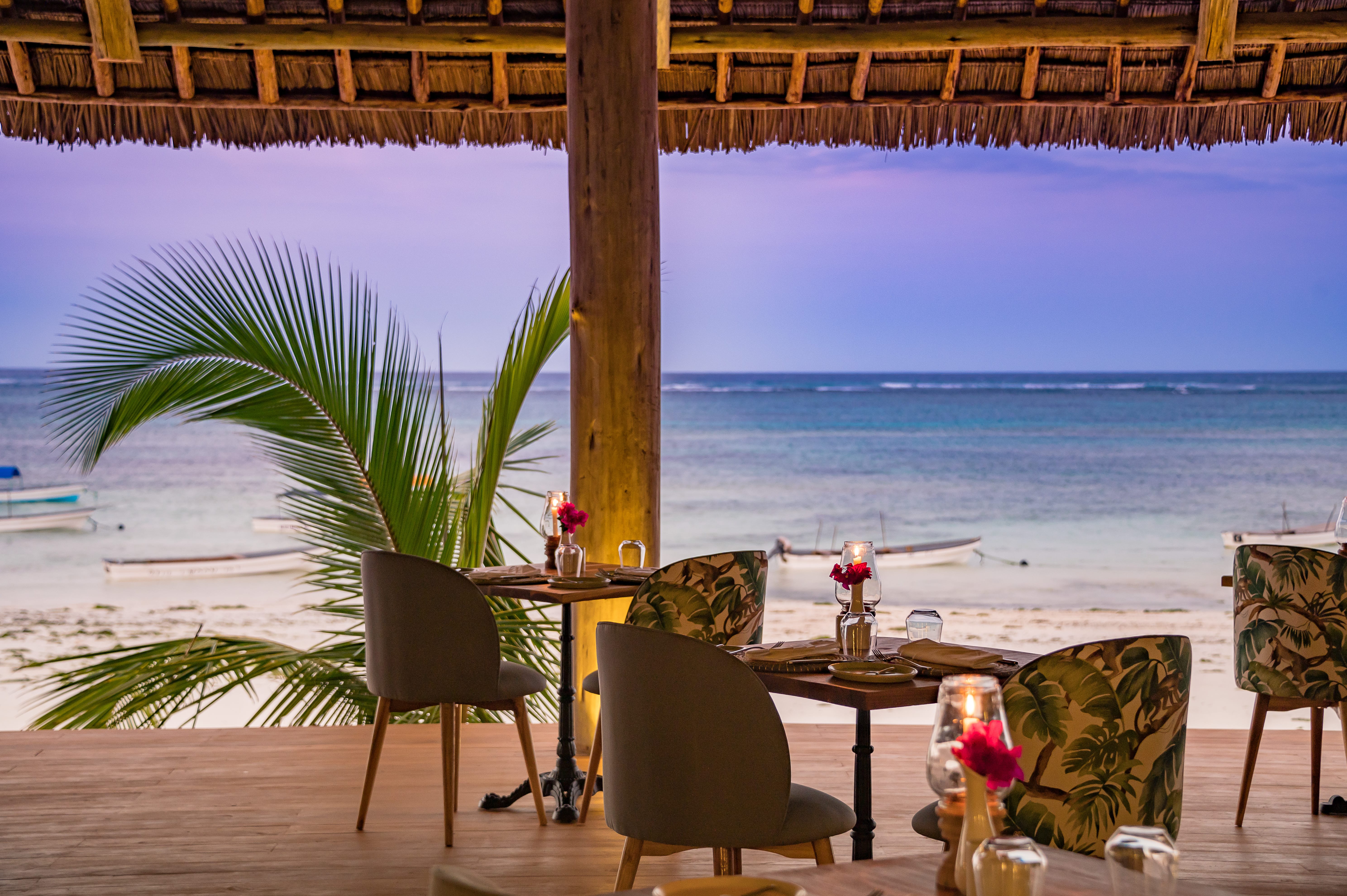 a table with chairs and a plant by the water