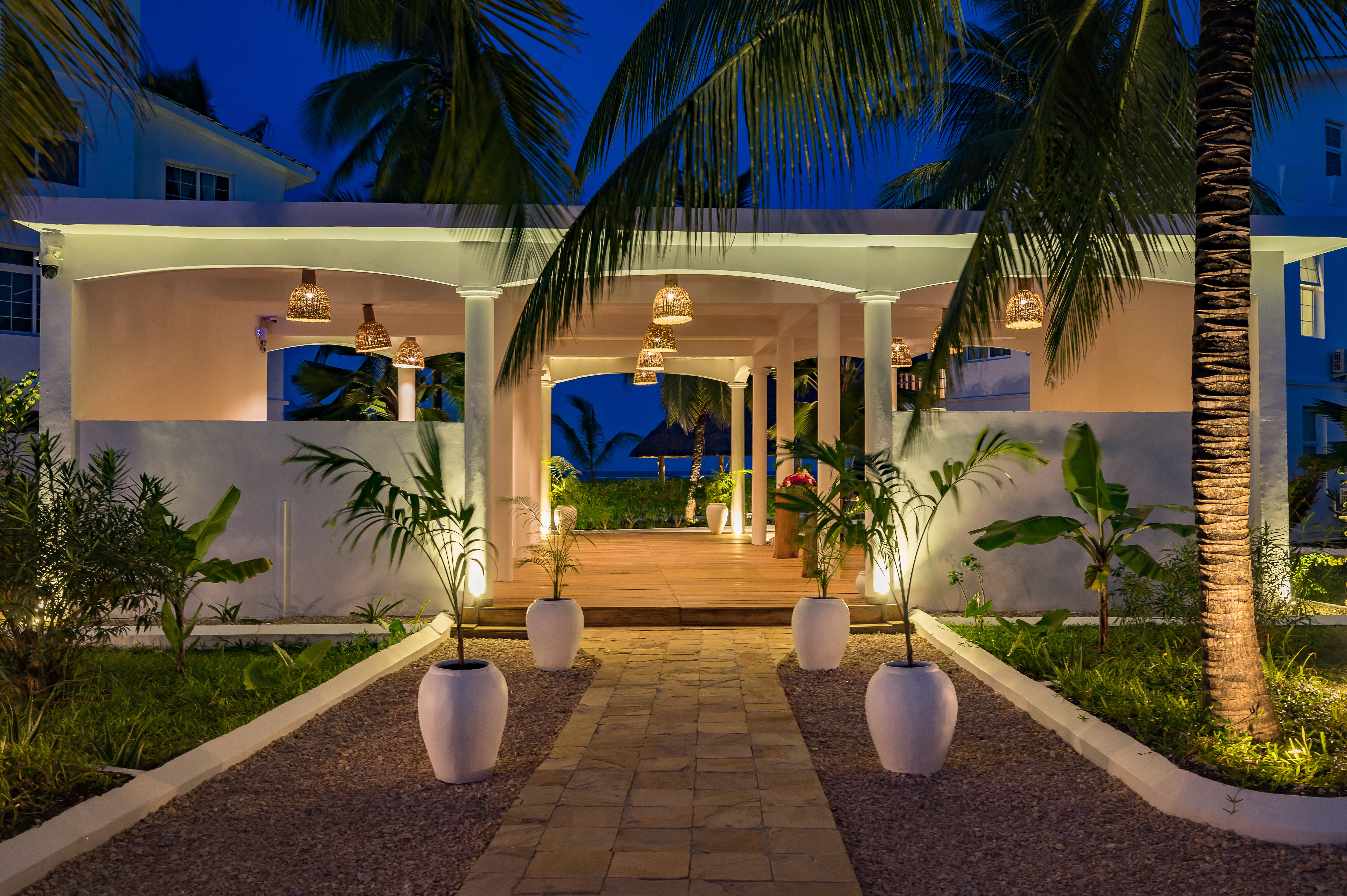 a building with palm trees