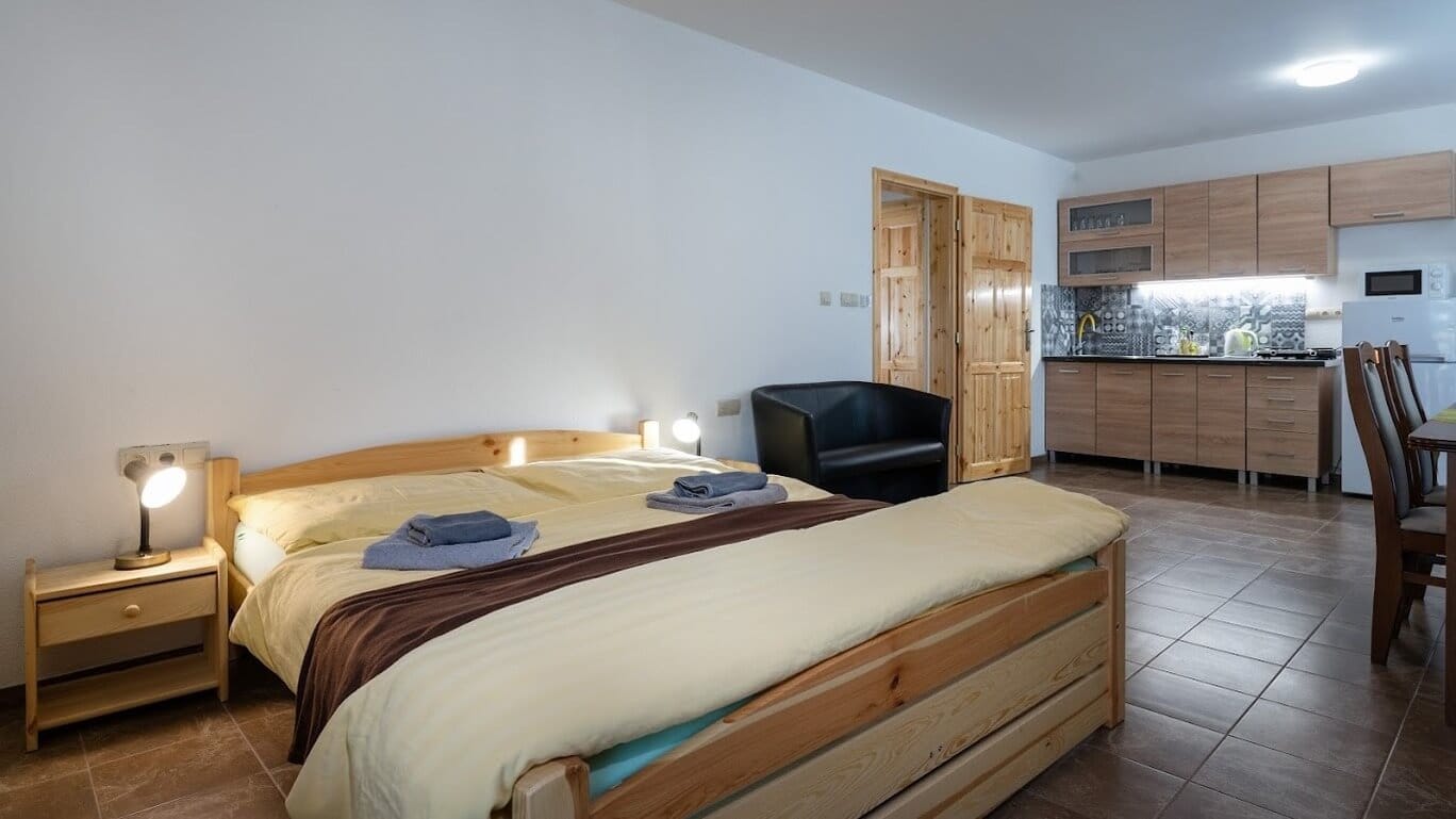 a bedroom with a bed and a tv