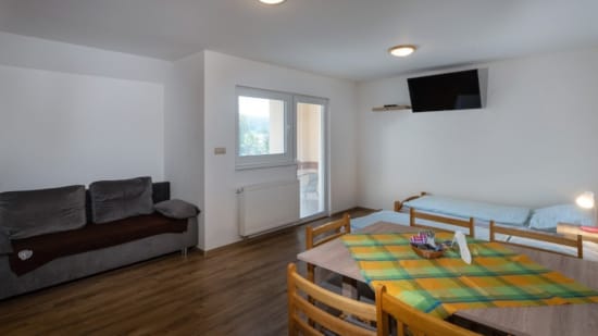 a room with a couch and a table