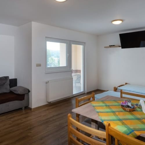 a room with a couch and a table