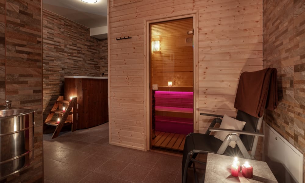 a room with a sauna