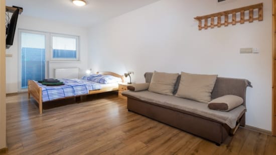 a bedroom with a bed and a couch