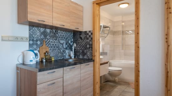 a bathroom with a glass shower