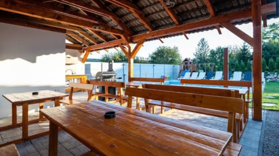 a wooden table in a room