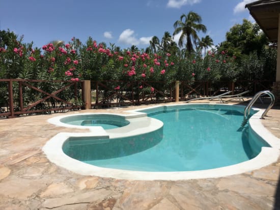 a swimming pool with trees in the background