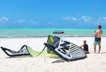a couple of men on a beach with a kite