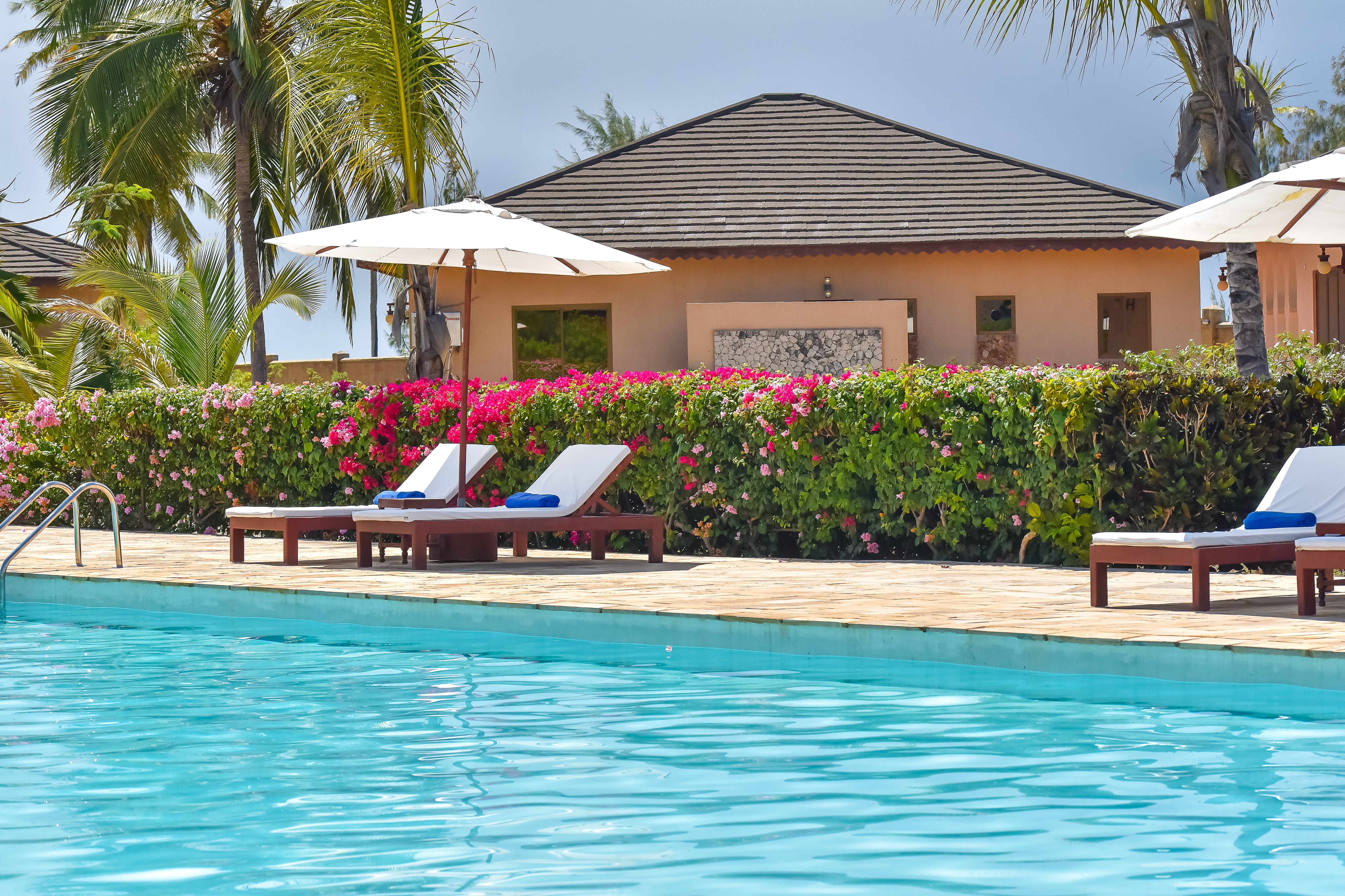 a pool with lounge chairs and umbrellas by a house