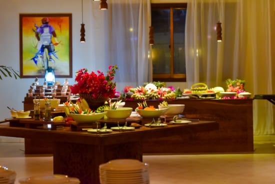 a table with food and flowers on it