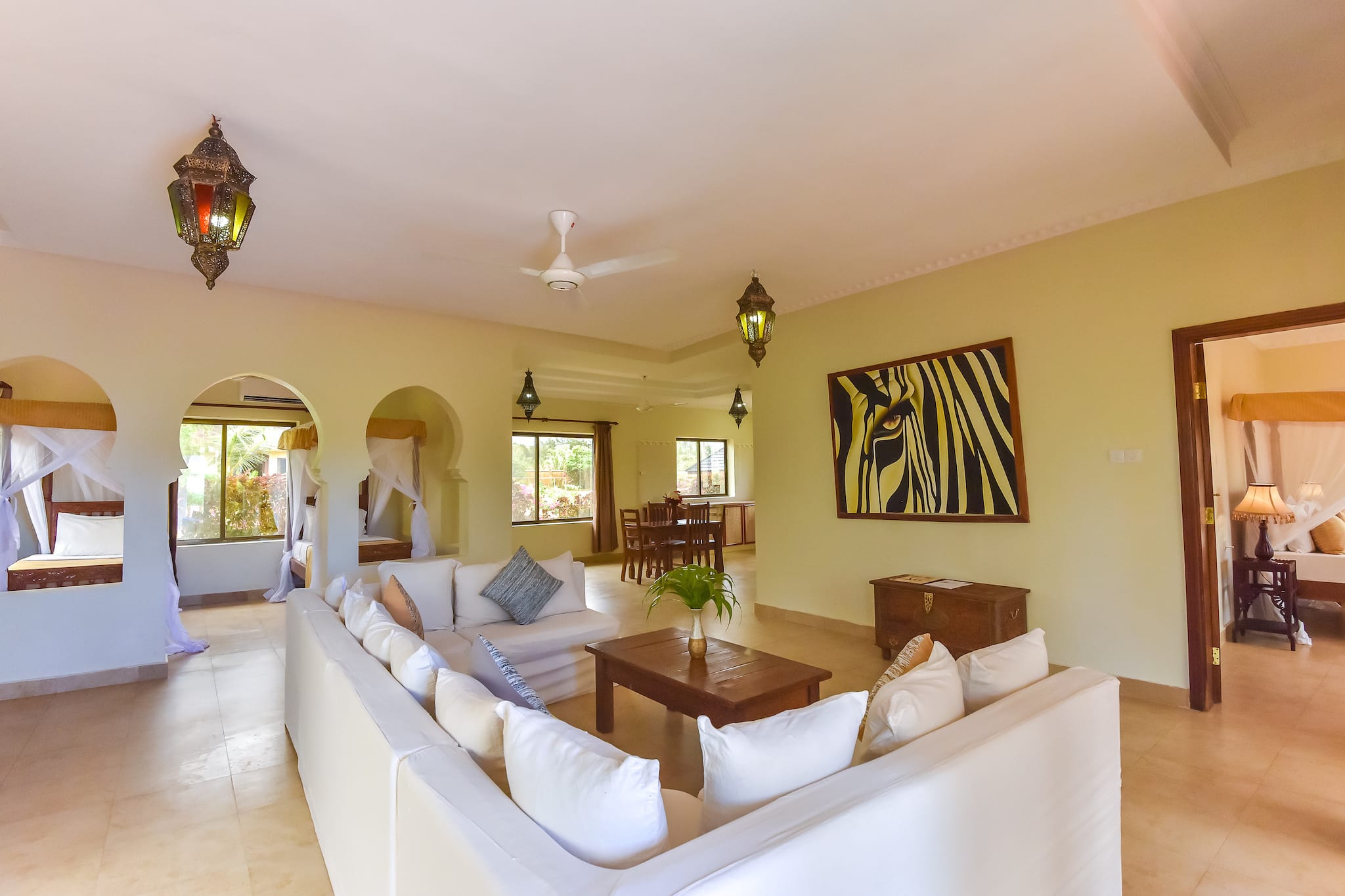 a living room with a couch and a table