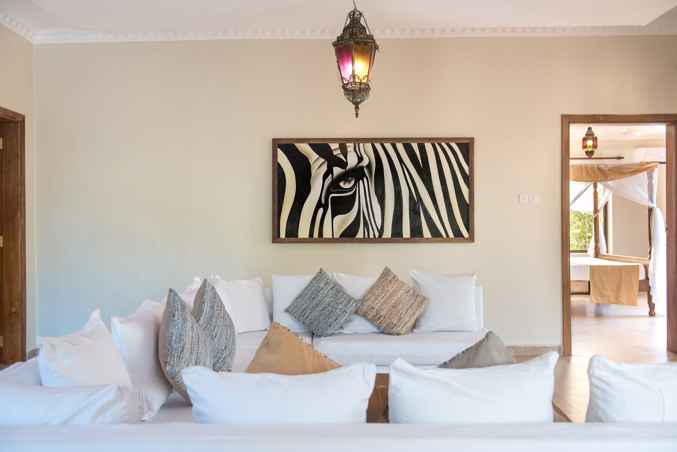 a bed with pillows