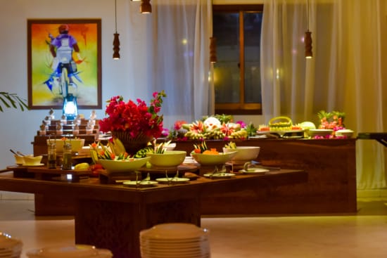 a table with food and flowers on it
