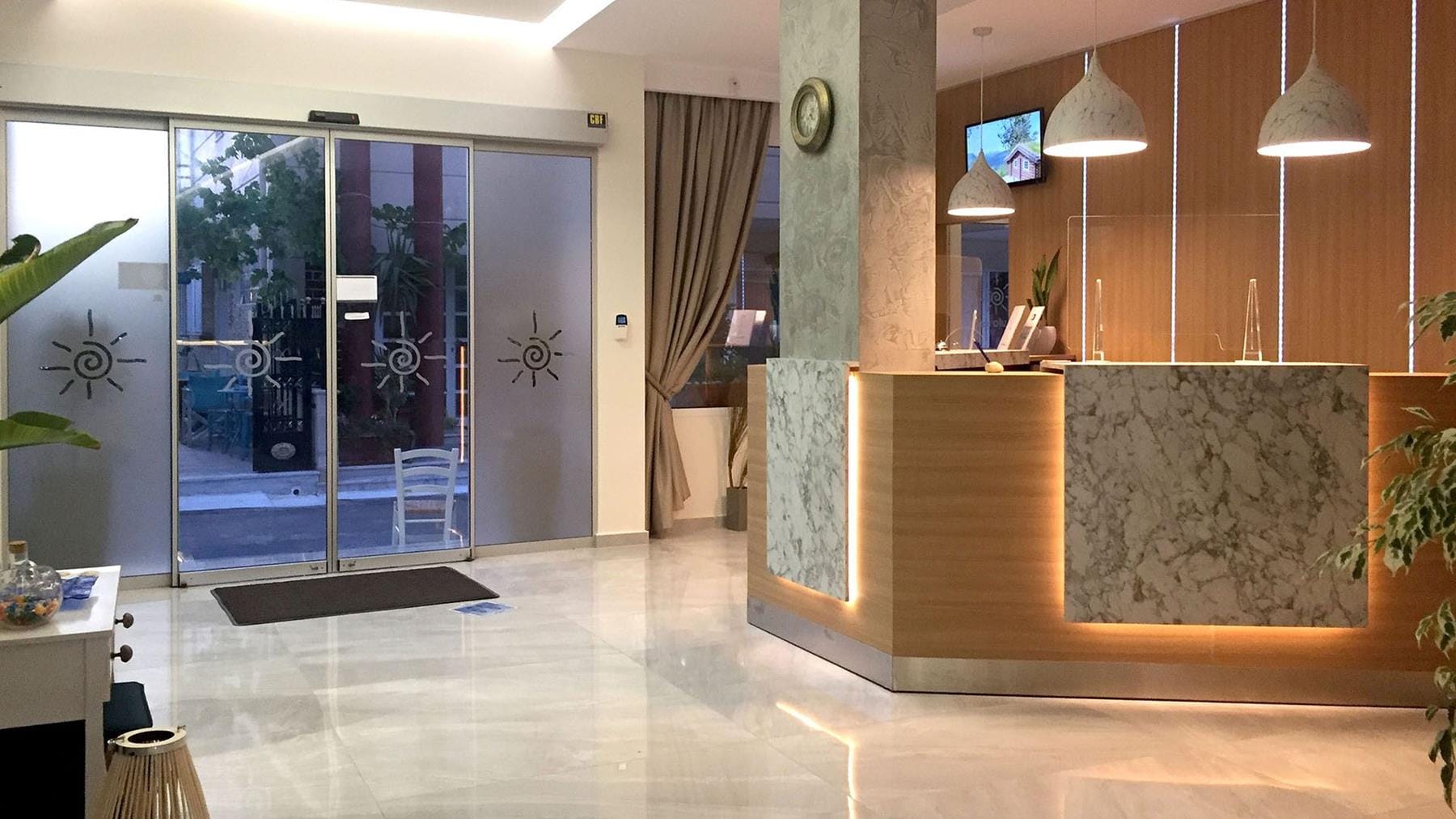 a room with a large glass door