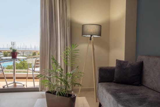 a lamp and a plant in a room with a window