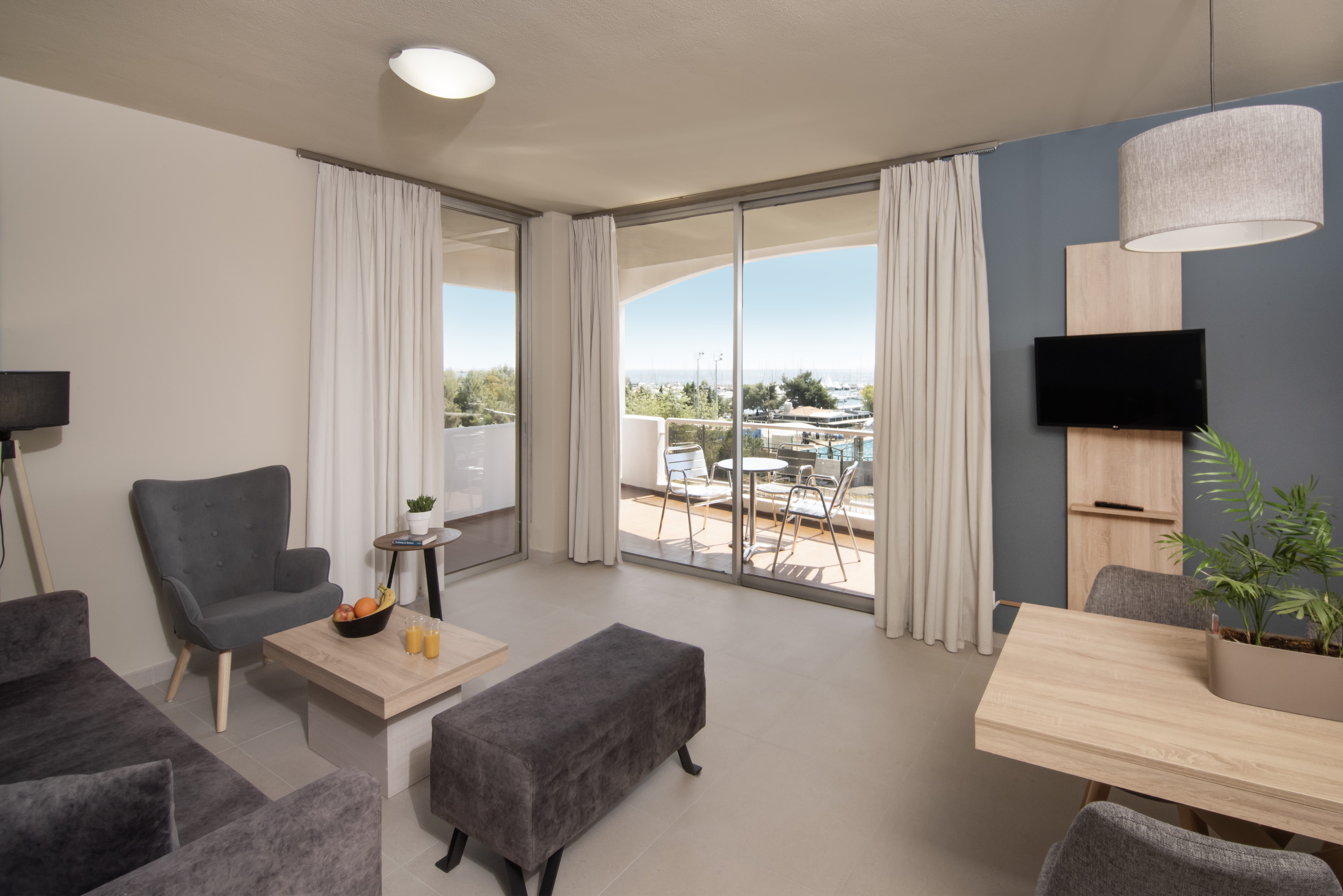 a living room with a large window