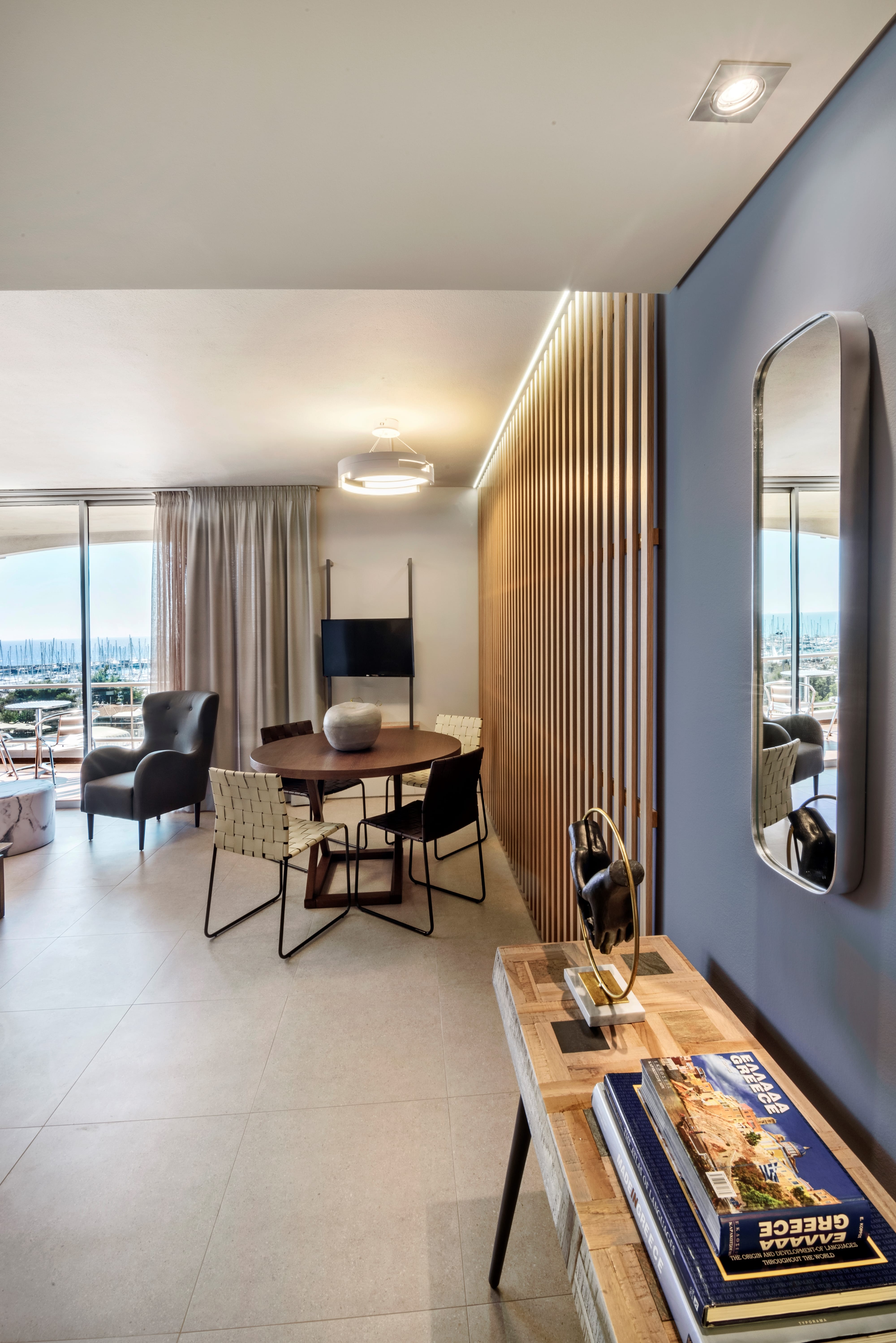 a room with a table and chairs