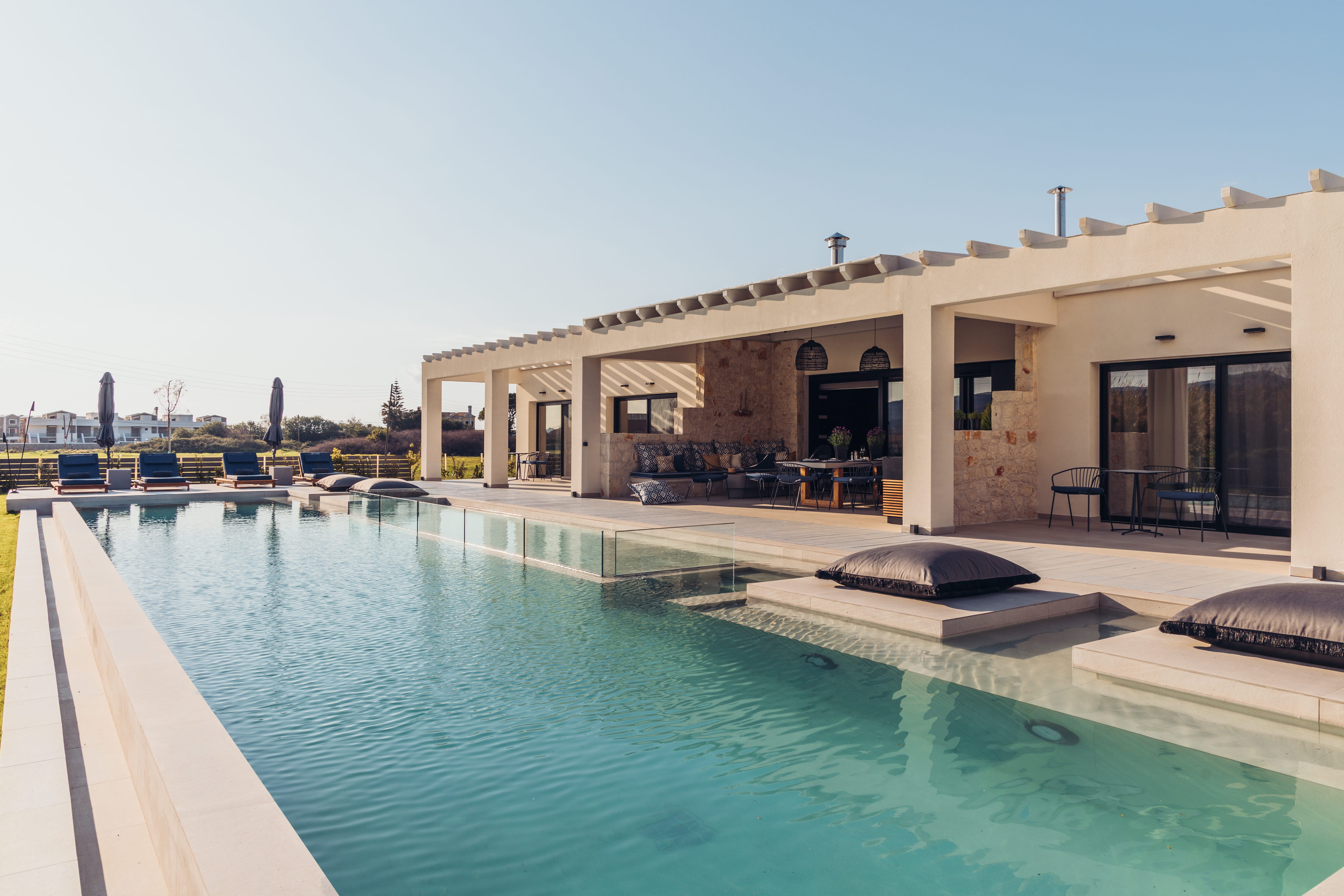 a swimming pool outside of a building