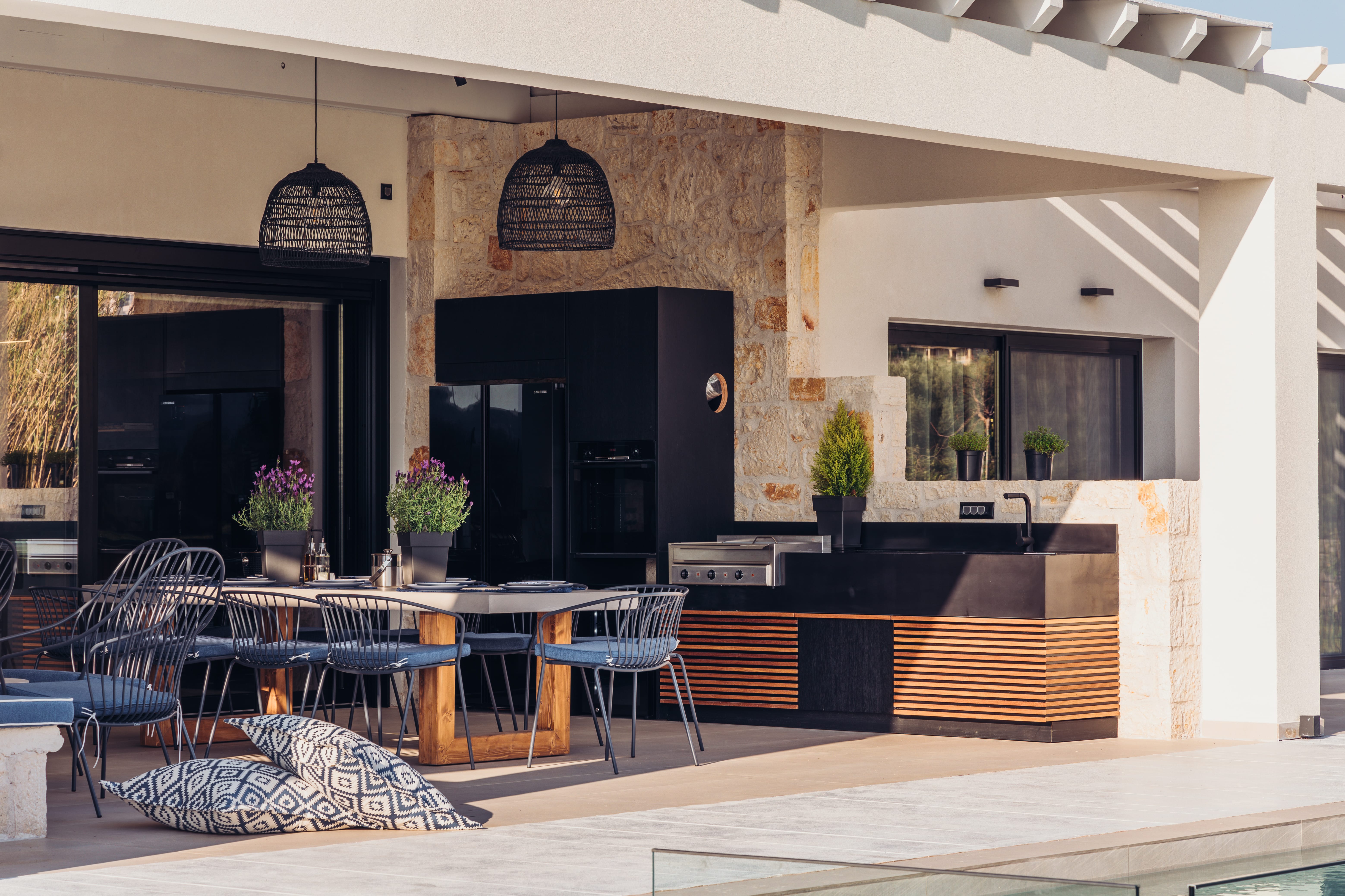 a room with a table and chairs