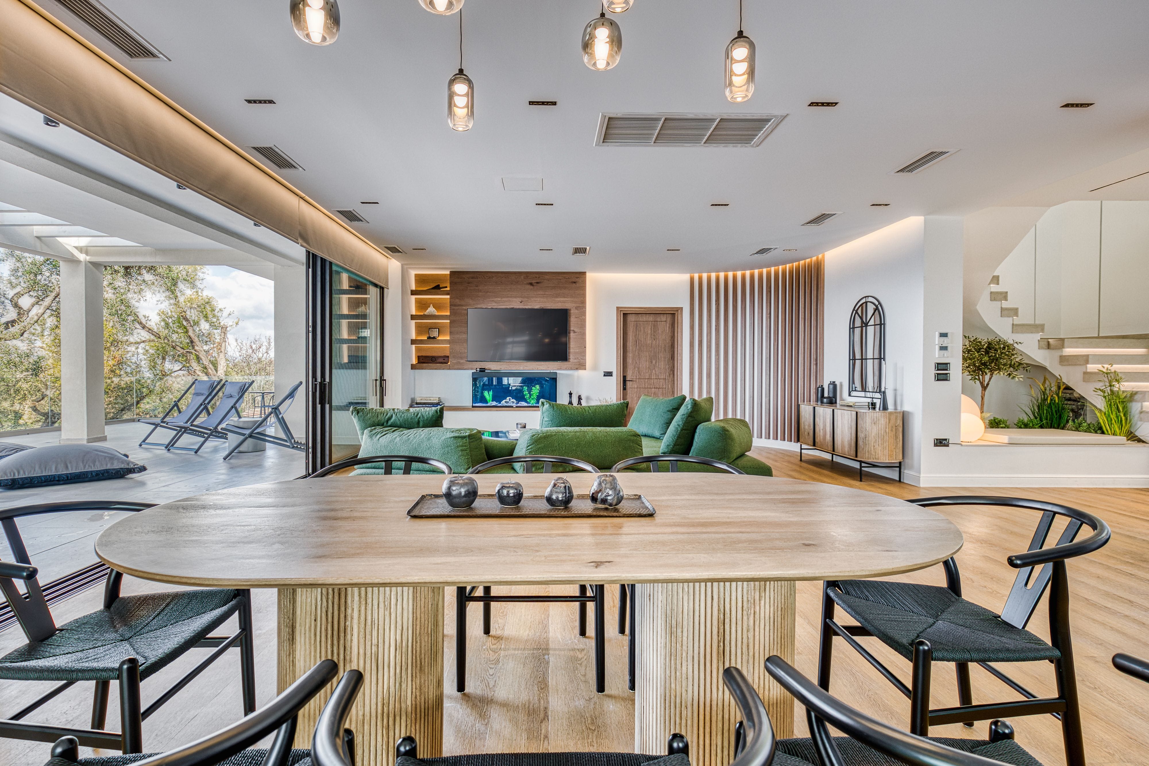 a large kitchen with a dining table