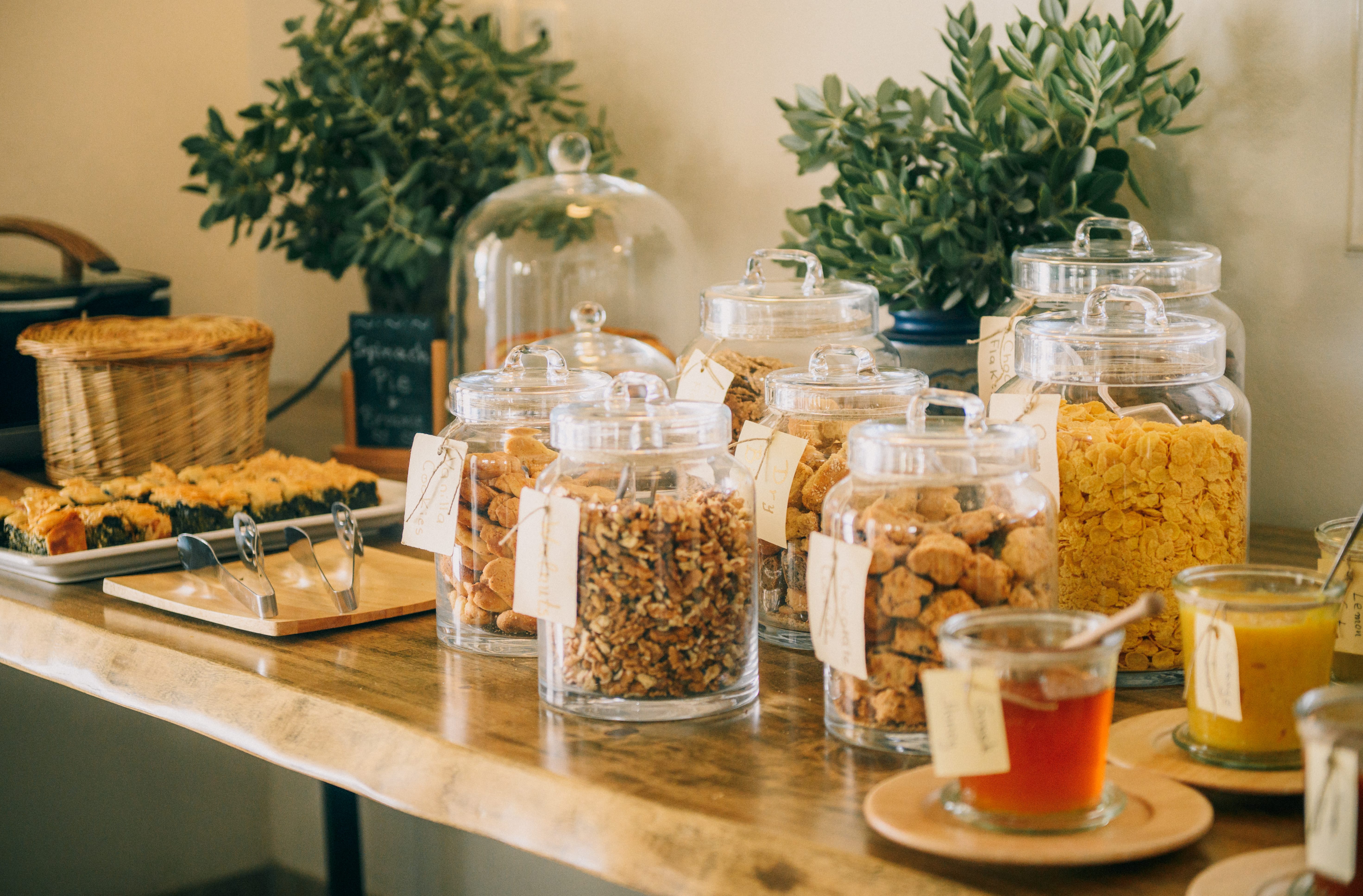 a table with food and drinks on it