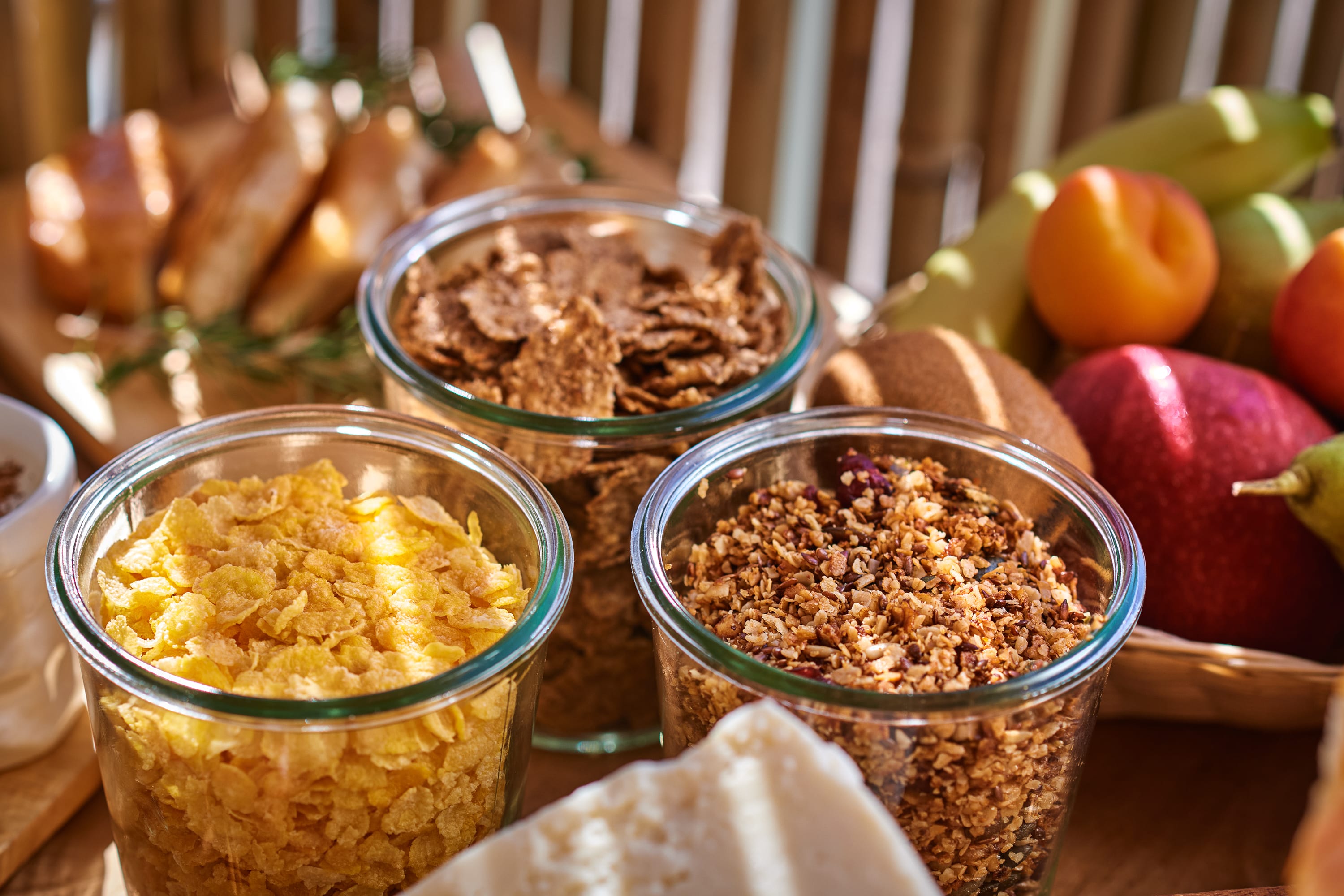 a group of glass containers with food