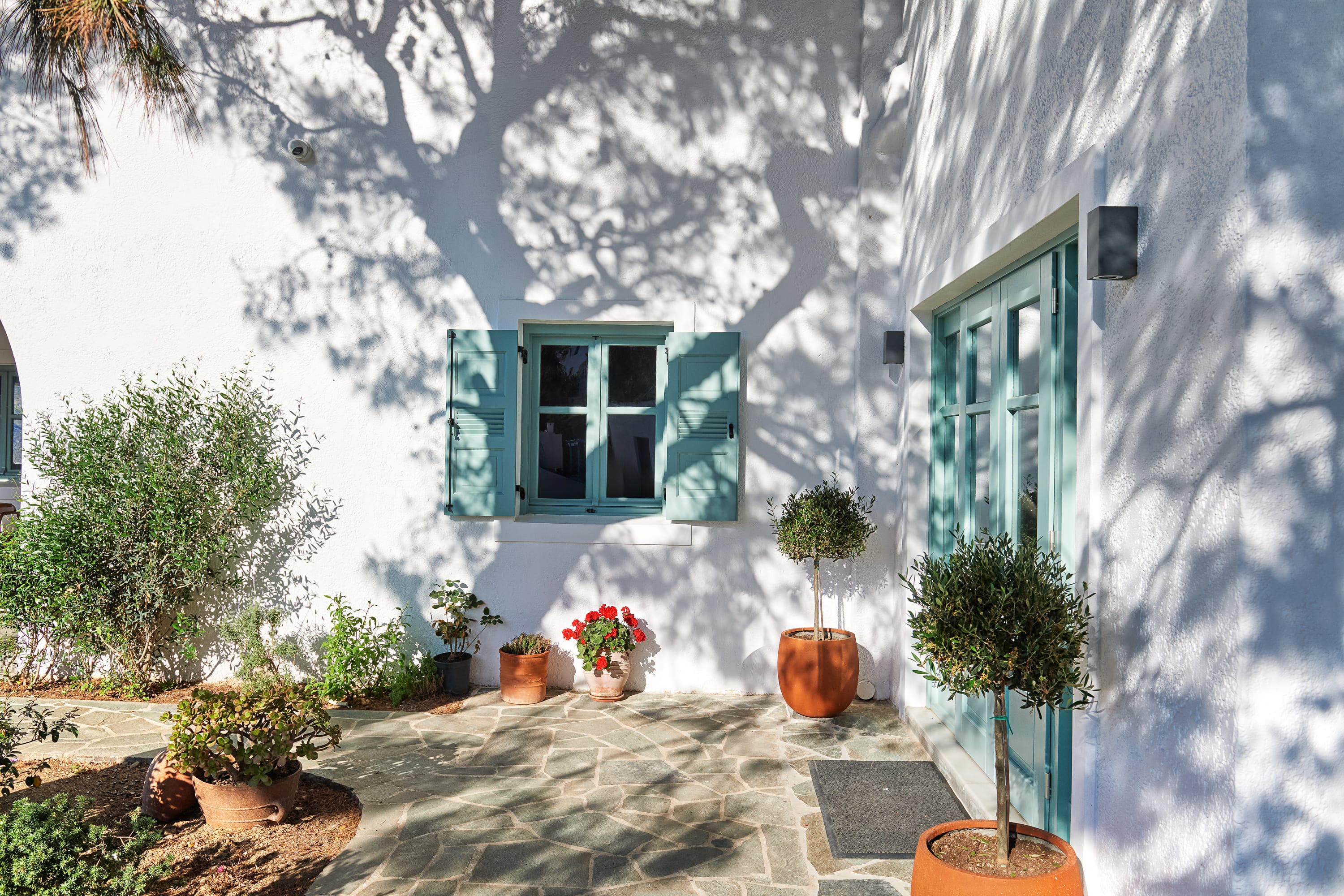a white house with blue shutters and potted plants