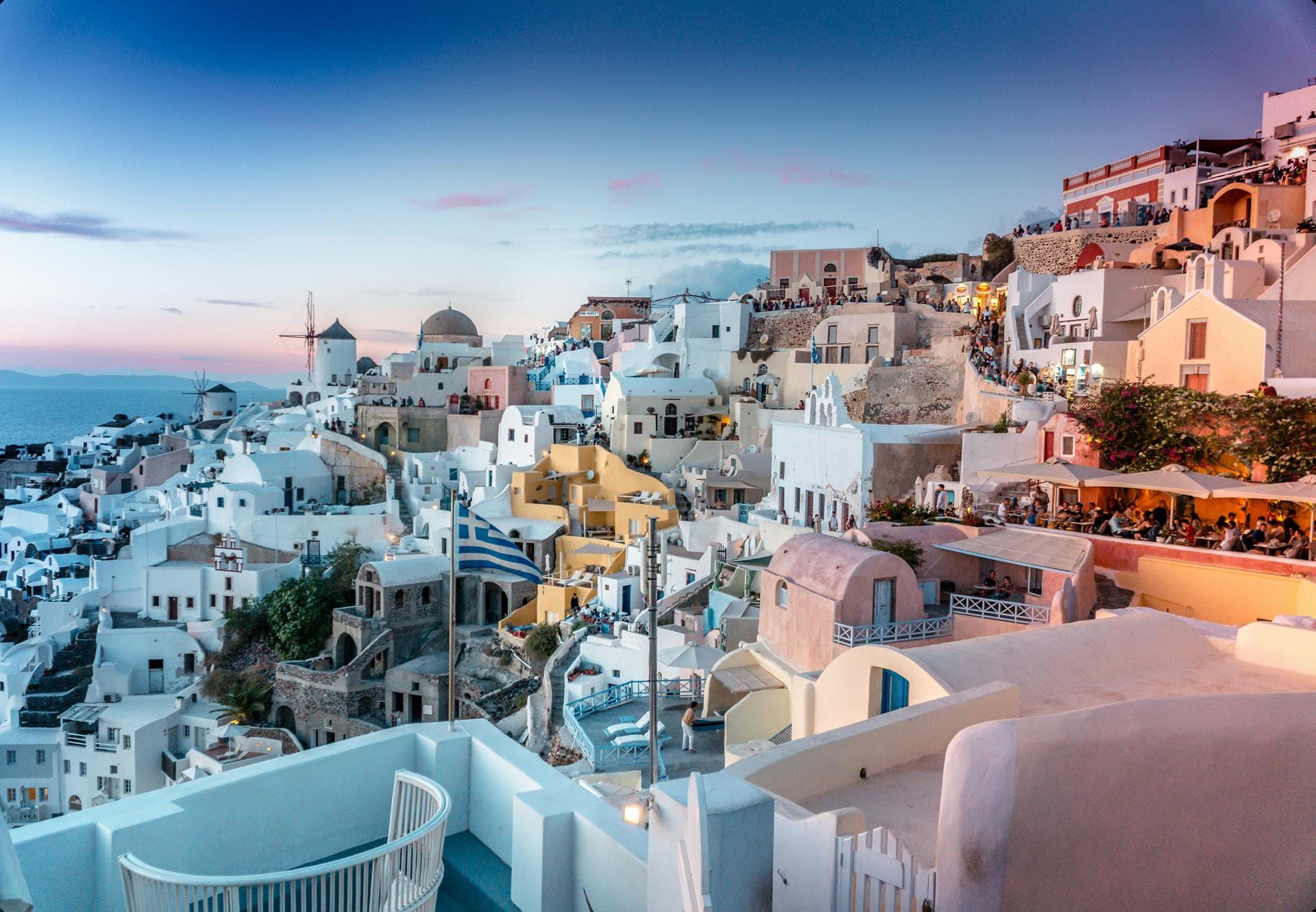 Santorini with many buildings