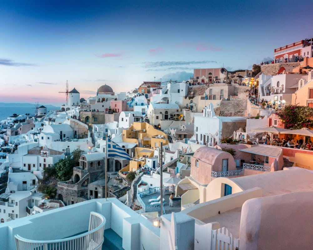 Santorini with many buildings